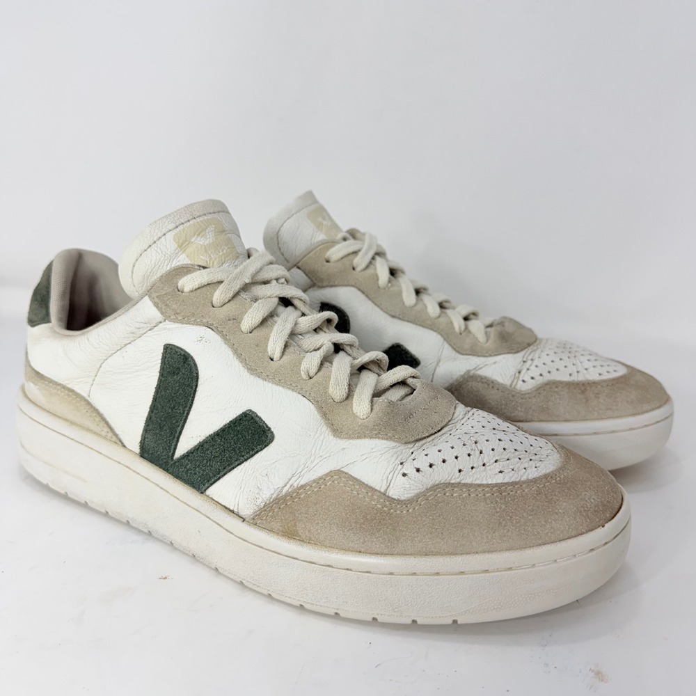 Veja V-10 Leather Suede Sneakers White Beige Green Mens US 11.5 EUR 45